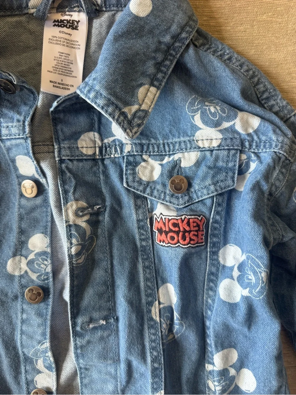 Disney Mickey Mouse Kids Denim Jacket Size 5 Blue Allover Print Jean Jacket